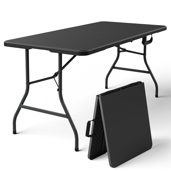 WASUHE 5 Foot Rectangle Folding Table, Fold-in-Half Portable Plastic Picnic Foldable Table with Carry Handle, Indoor Outdoor Use for Camping, Parties, BBQs, Events, Black