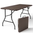 thumbnail image 1 of WASUHE 5 Foot Rectangle Folding Table, Fold-in-Half Portable Plastic Picnic Foldable Table with Carry Handle, Indoor Outdoor Use for Camping, Parties, BBQs, Events, Brown, 1 of 10