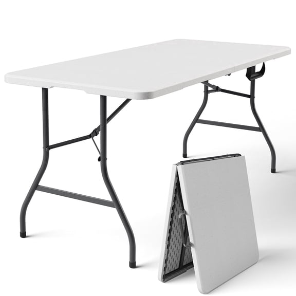 WASUHE 5 Foot Rectangle Folding Table, Fold-in-Half Portable Plastic Picnic Foldable Table with Carry Handle, Indoor Outdoor Use for Camping, Parties, BBQs, Events, White