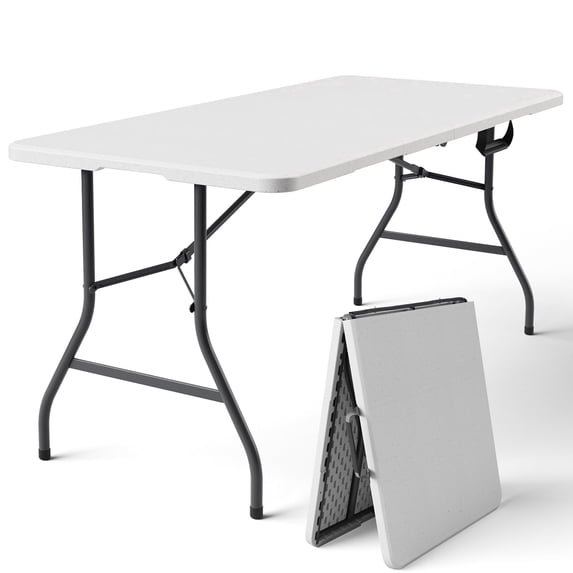 WASUHE 5 Foot Rectangle Folding Table, Fold-in-Half Portable Plastic Picnic Foldable Table with Carry Handle, Indoor Outdoor Use for Camping, Parties, BBQs, Events, White