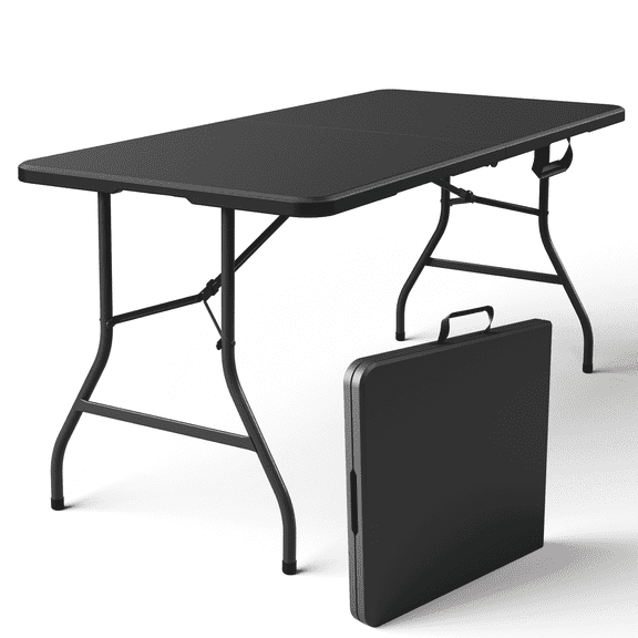 WASUHE 5 Foot Rectangle folding table, Fold-in-Half Portable Plastic Picnic Foldable Table with Carry Handle, Indoor Outdoor Use for Camping, Parties, BBQs, Events, Black