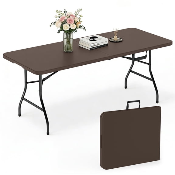WASUHE Folding Table 6 Foot, Heavy Duty Portable Tables with Built in Handle & Steel Legs, Perfect for Camping, Party, Indoor & Outdoor, Brown