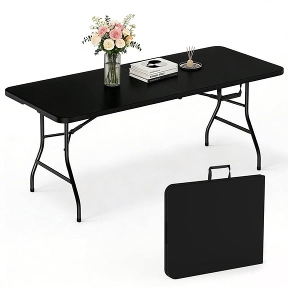 WASUHE 6FT Folding Table, Heavy Duty Portable Tables with Built in Handle & Steel Legs, Perfect for Party, Dining, Picnic, Black