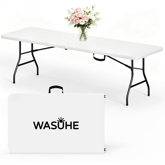 WASUHE 8 Foot Folding Table, Fold in Half Heavy Duty Long Large Utility Table with Carry Handle, Perfect for Party, Dining, Wedding, Events, Camping, White