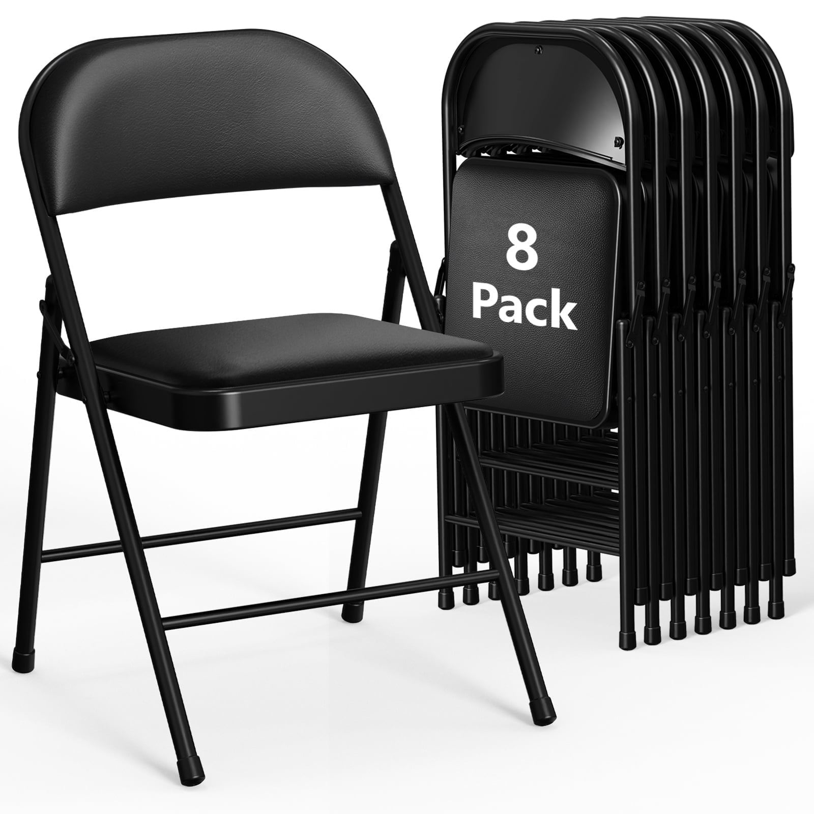 WASUHE 8 Pcs Folding Chairs, PU Leather Padded Folding Chairs with Cushion & Back, Portable Stackable Sillas Para Fiestas for Home, Office, Party, Black