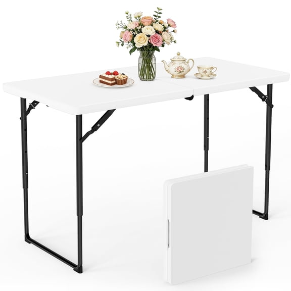 WASUHE Folding Table 4 FT Lightweight Table, Fold-in-Half Plastic Rectangular Table Metal Legs, Easy to Store, Perfect for Party, Dining, Wedding, Events, White