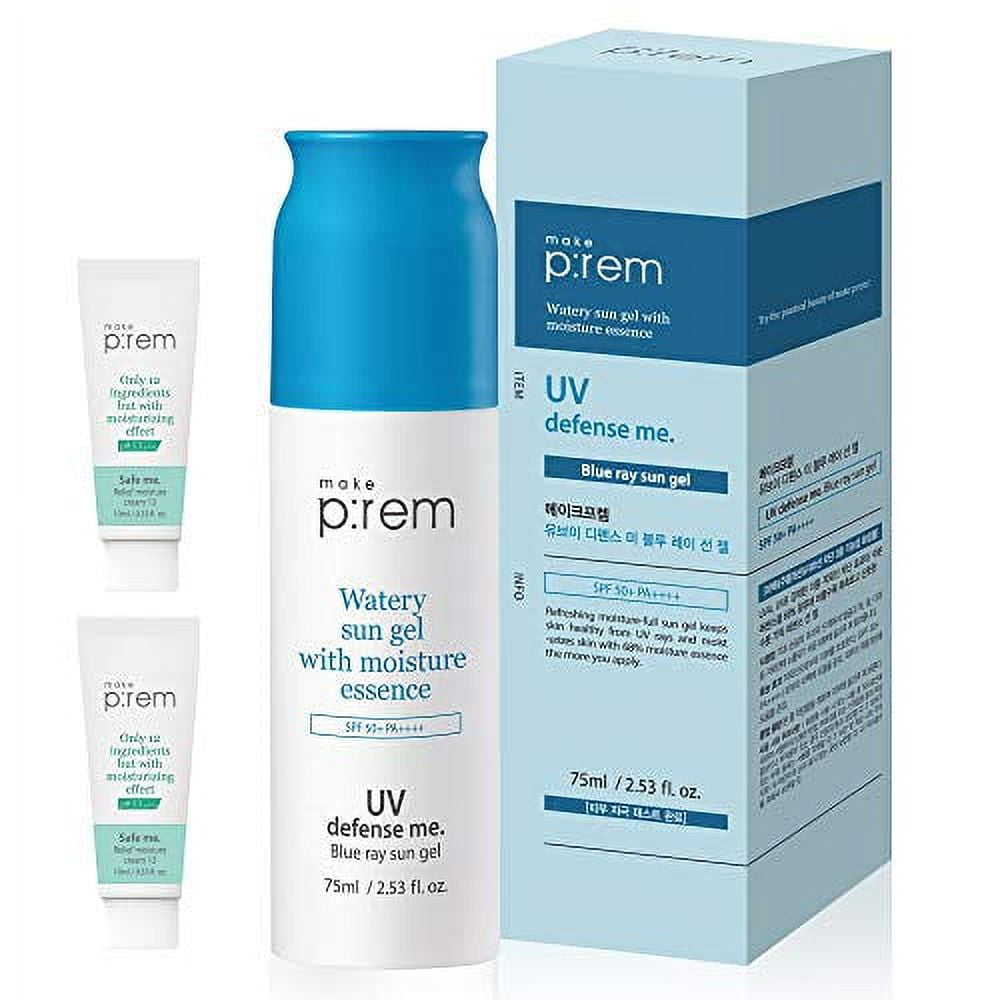 MAKE P:REM MAKEP:REM UV Defense Me Blue Ray Sun Gel SPF 50+ PA++++ Reef-safe, Non-nano Sunscreen for Body Face, Sunblock UV Protection for Women Men Kids with Sensitive Acne Aging Skin 2.53 Fl Oz MAKEPREM