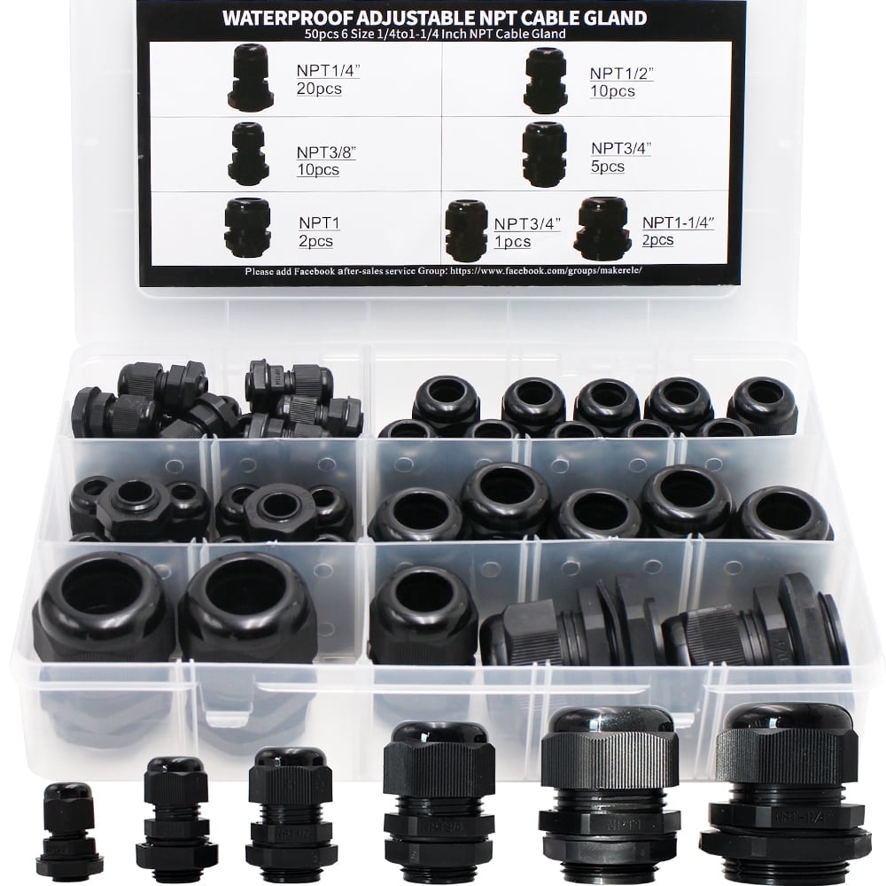 MAKERELE Cord Grip Cable Glands Kit for NPT Waterproof Nylon Strain Relief 1/4” 3/8” 1/2” 3/4” 1” 1-1/4” 50pcs Junction Box Connector Black With Gaskets
