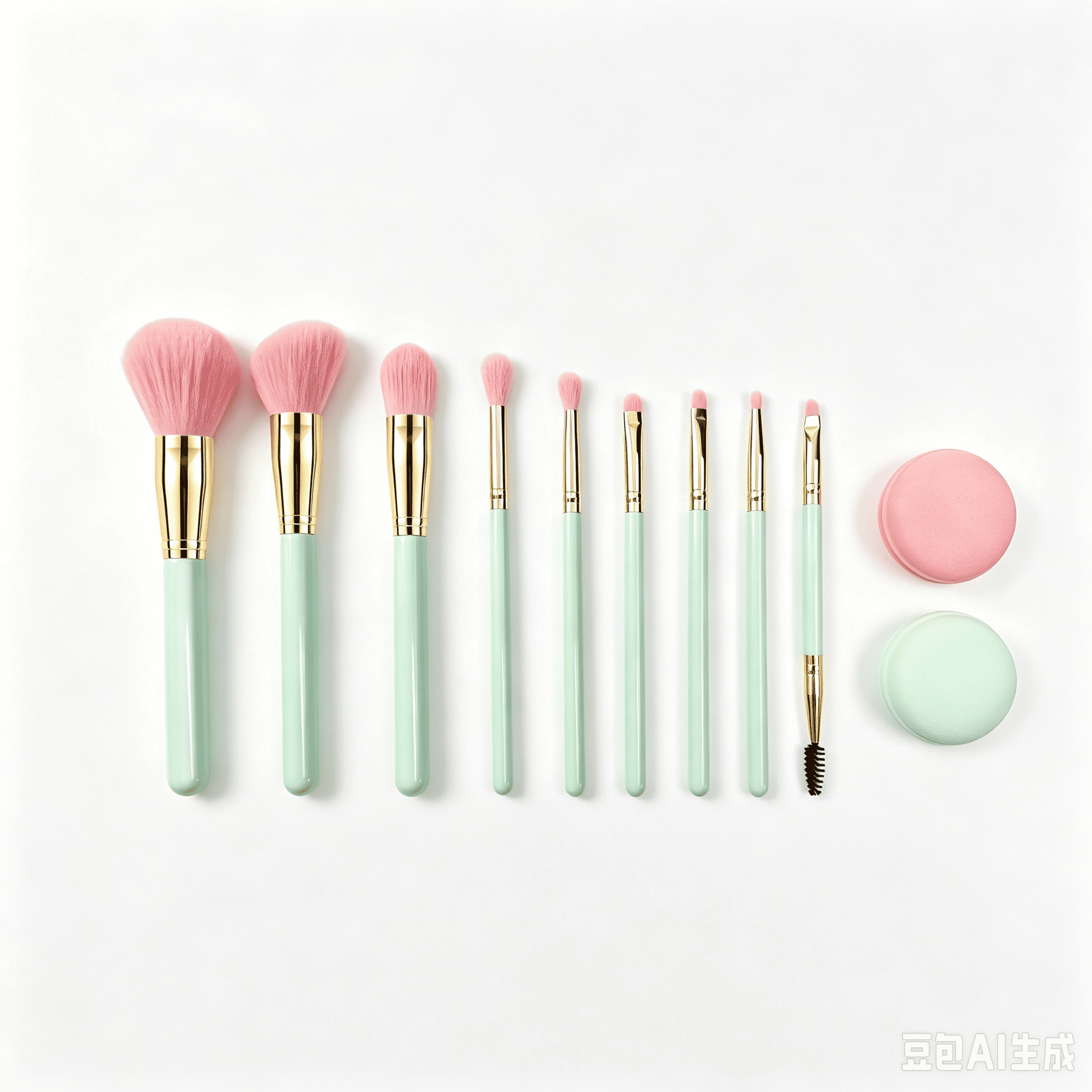 Makeup Brush Set with Bag, Green and Pink, 12 Pieces