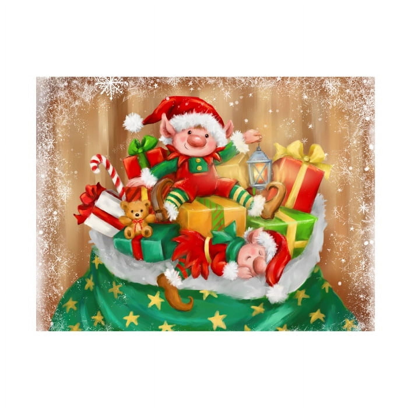 Festive Elves on Presents Christmas Canvas Print