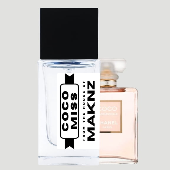 MAKNZ Coco Miss Eau de Parfum, Inspired by Coco Mademoiselle, Perfume for Women, 1.7 oz / 50ml Citrus, Woody, Patchouli, Sweet, White Floral, Rose, Earthy, Vanilla, Warm Spicy, Yellow Floral