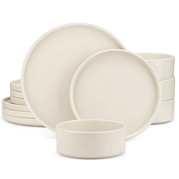 MALACASA 12 Piece Dinnerware Sets, Plate and Bowl Sets for Kitchen, Porcelain Dinner Set for 4, Cream