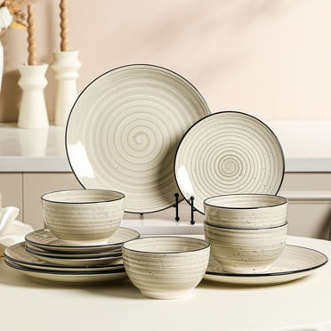 MALACASA 12 Pieces Dinnerware Sets, Plates and Bowls Set for 4, Stoneware Dinner Set, Beige