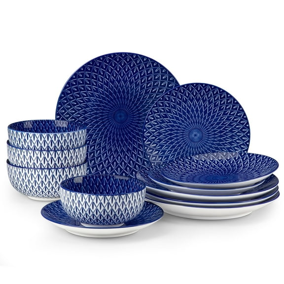MALACASA 12 Pieces Dinnerware Sets, Porcelain Plates and Bowls Set for 4, Blue and White Porcelain Dish Set, Diamond Flame pattern
