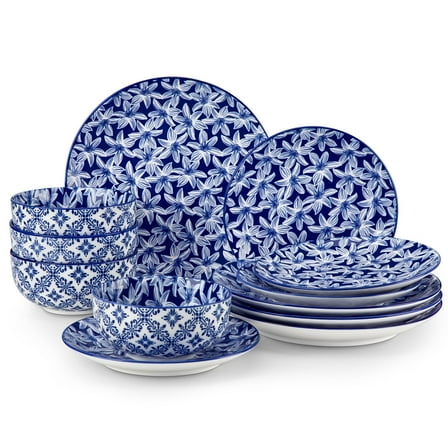 MALACASA 12 Pieces Dinnerware Sets, Porcelain Plates and Bowls Set for 4, Blue and White Porcelain Dish Set, White Orchid Pattern