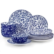 MALACASA 12 Pieces Dinnerware Sets, Porcelain Plates and Bowls Set for 4, Blue and White Porcelain Dish Set, Wild Vine Pattern