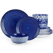 MALACASA 12 pcs Dinnerware Sets, Plates and Bowls Set for 4, Ceramic Dinner Set, Blue and White