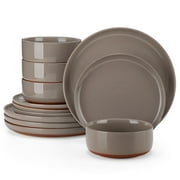 Malacasa 12 Pcs Dinnerware Sets for 4, Plates and Bowls Set, Stoneware Tableware Dishwasher Microwave Safe, Brown