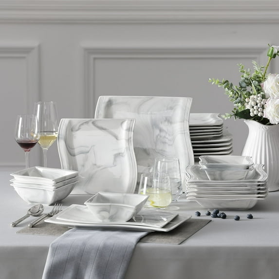 MALACASA 26-Piece Dinnerware Sets, Porcelain Tableware Set for 6, Marble Grey