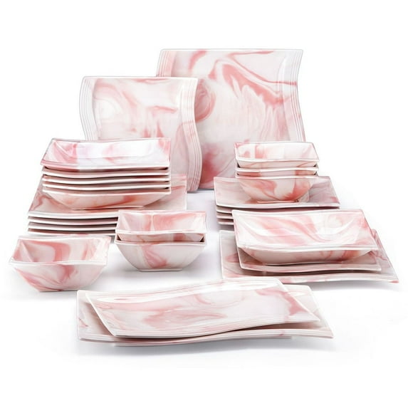 MALACASA 26-Piece Porcelain Dinnerware Set, square Dish sets for 6, pink