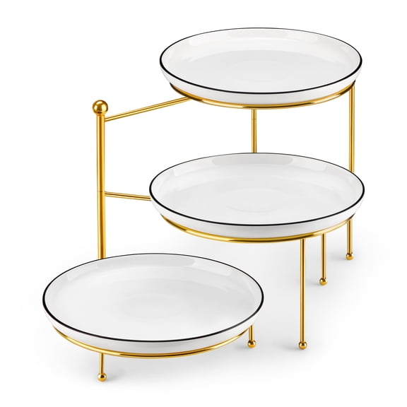 MALACASA 3 Tier Serving Trays, Porcelain Serving Platters, 15 Inch Cake Stand, with Gold Metal Rack Display Stand, Series LUNA