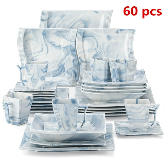 MALACASA, 60-Piece Porcelain Dinnerware Set, Dinner Set for 12, BLUE