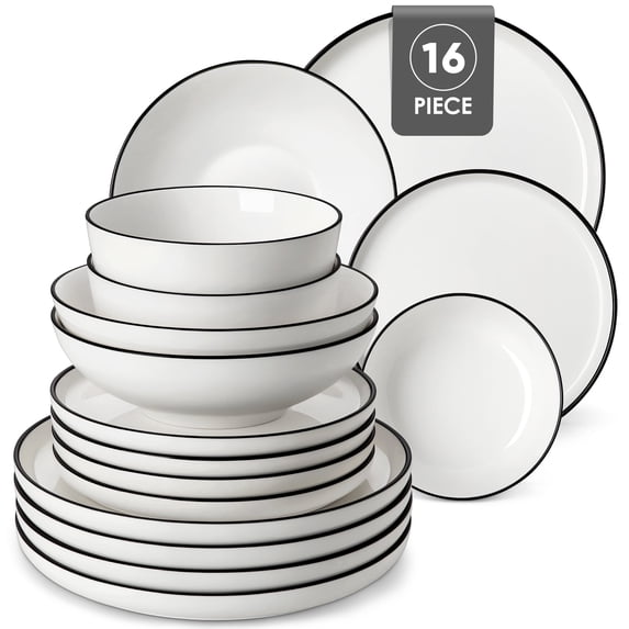 MALACASA Ceramic Dinnerware Set 16-Piece, Service for 4, Plates Bowls Set with Black Rim Microwave Dishwasher Safe, White, Series MINA
