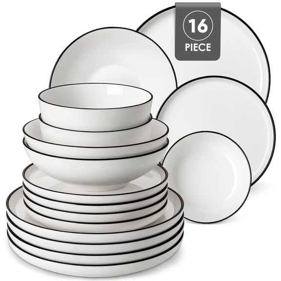 MALACASA Ceramic Dinnerware Set 16-Piece, Service for 4, Plates Bowls Set with Black Rim Microwave Dishwasher Safe, White, Series MINA