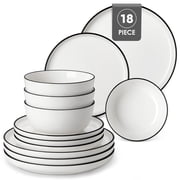 MALACASA Ceramic Dinnerware Set 18-Piece, Service for 6, Plates Bowls Set with Black Rim Microwave Dishwasher Safe, White, Series MINA