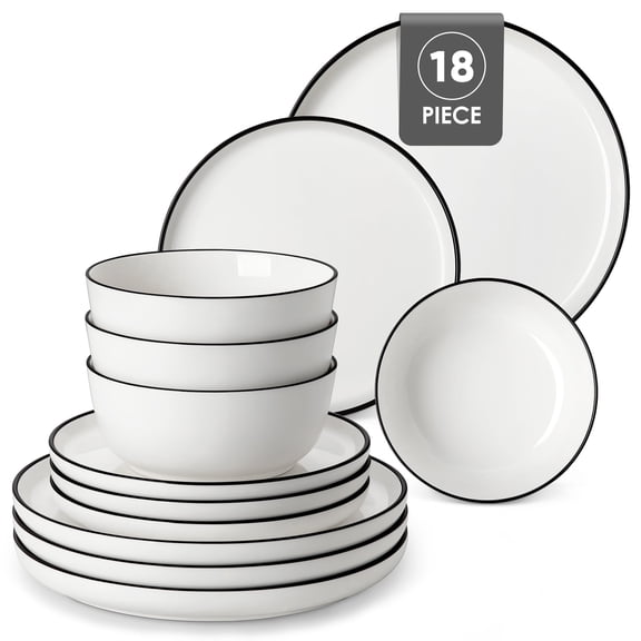 MALACASA Ceramic Dinnerware Set 18-Piece, Service for 6, Plates Bowls Set with Black Rim Microwave Dishwasher Safe, White, Series MINA