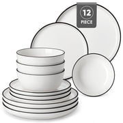 MALACASA Ceramic Dinnerware Set 12-Piece, Service for 4, Plates Bowls Set with Black Rim Microwave Dishwasher Safe, White, Series MINA