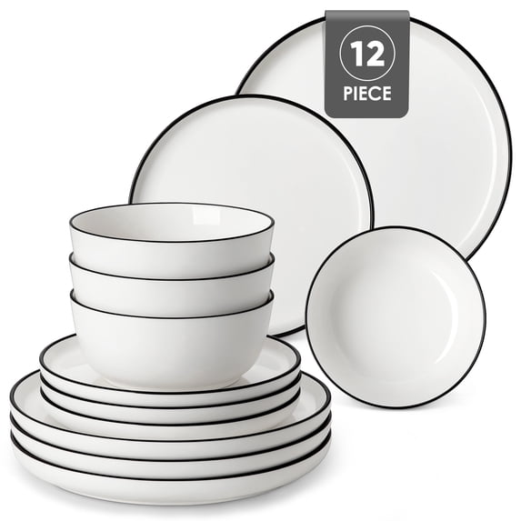 MALACASA Ceramic Dinnerware Set 12-Piece, Service for 4, Plates Bowls Set with Black Rim Microwave Dishwasher Safe, White, Series MINA