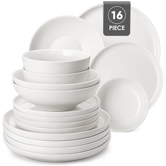 MALACASA Ceramic Dinnerware Set 16-Piece, Service for 4, Plates Bowls Set Dinner Plates Microwave Dishwasher Safe, White, Series MINA