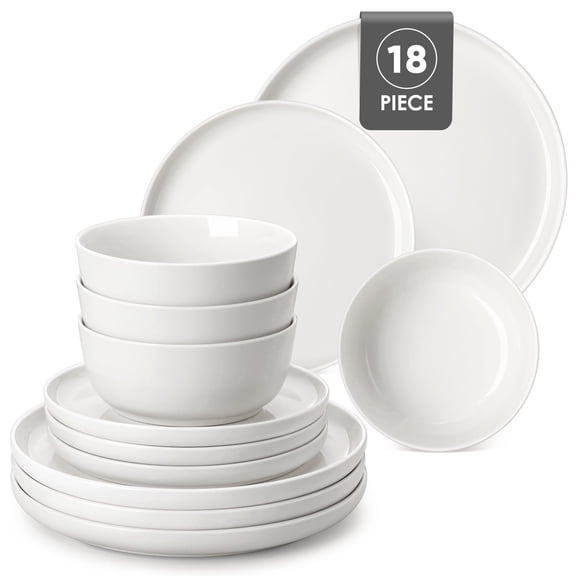 MALACASA Ceramic Dinnerware Set 18-Piece, Service for 6, Plates Bowls Set Dinner Plates Microwave Dishwasher Safe, White, Series MINA