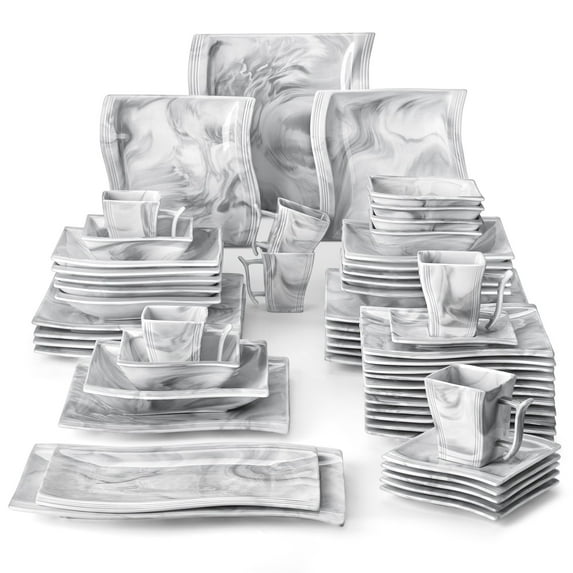 MALACASA Dinnerware Sets, Porcelain Dinner Set, 56-Piece Square Marble Grey, Series Flora