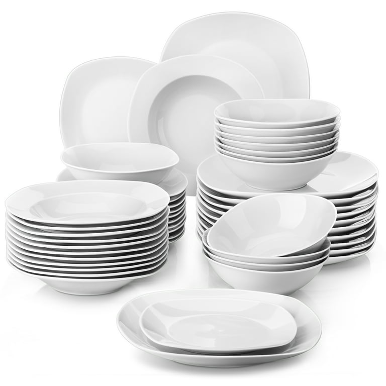 MALACASA, Series ELISA, 48-Piece Porcelain Dinnerware Set, White Dishes  With Black Line, Service for 12 