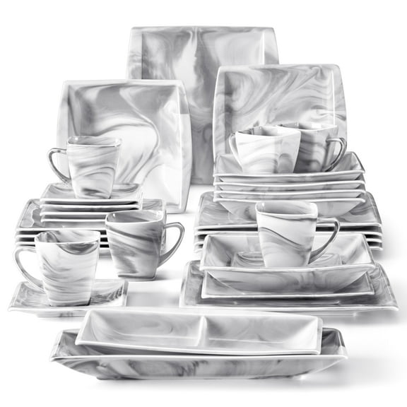 MALACASA Dinnerware Sets, Porcelain Dinner Set for 6, 32-Piece Square Marble Grey, Series Blance