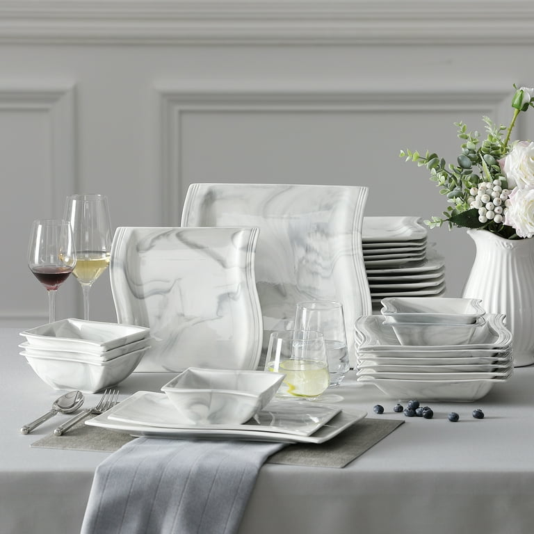 MALACASA Blance Marble Grey Porcelain Dinnerware Set with  Cups/Saucers/Dessert/Soup/Dinner Plates&1 Dish/Rectangular optional