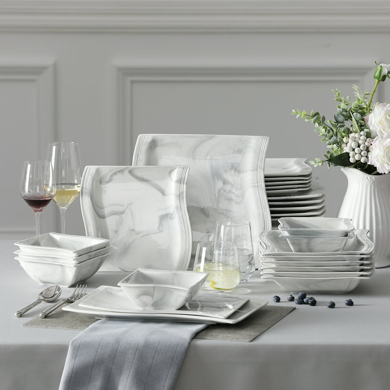 MALACASA Dinnerware Sets, Porcelain Tableware Set Marble Grey, 26-Piece  Square, Series Flora, Service for 6