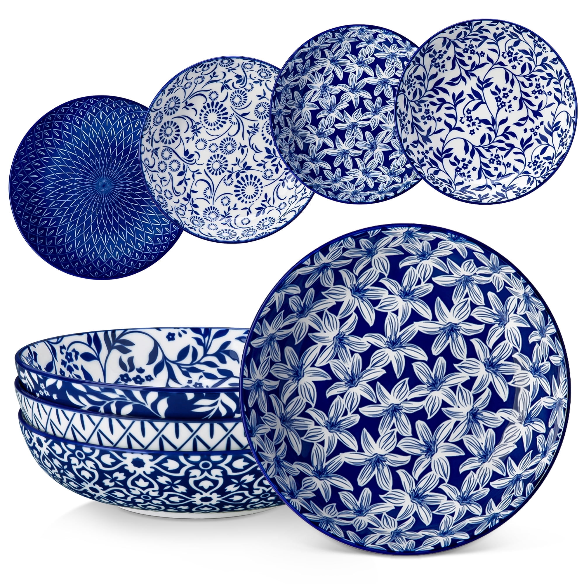 MALACASA Pasta Bowls Set of 4, 34 oz Ceramic Shallow Bowls, Serving Bowls Pasta Salad Bowls Set, Microwave & Dishwasher Safe Soup Bowls, Assorted Colors Christmas Day Gift