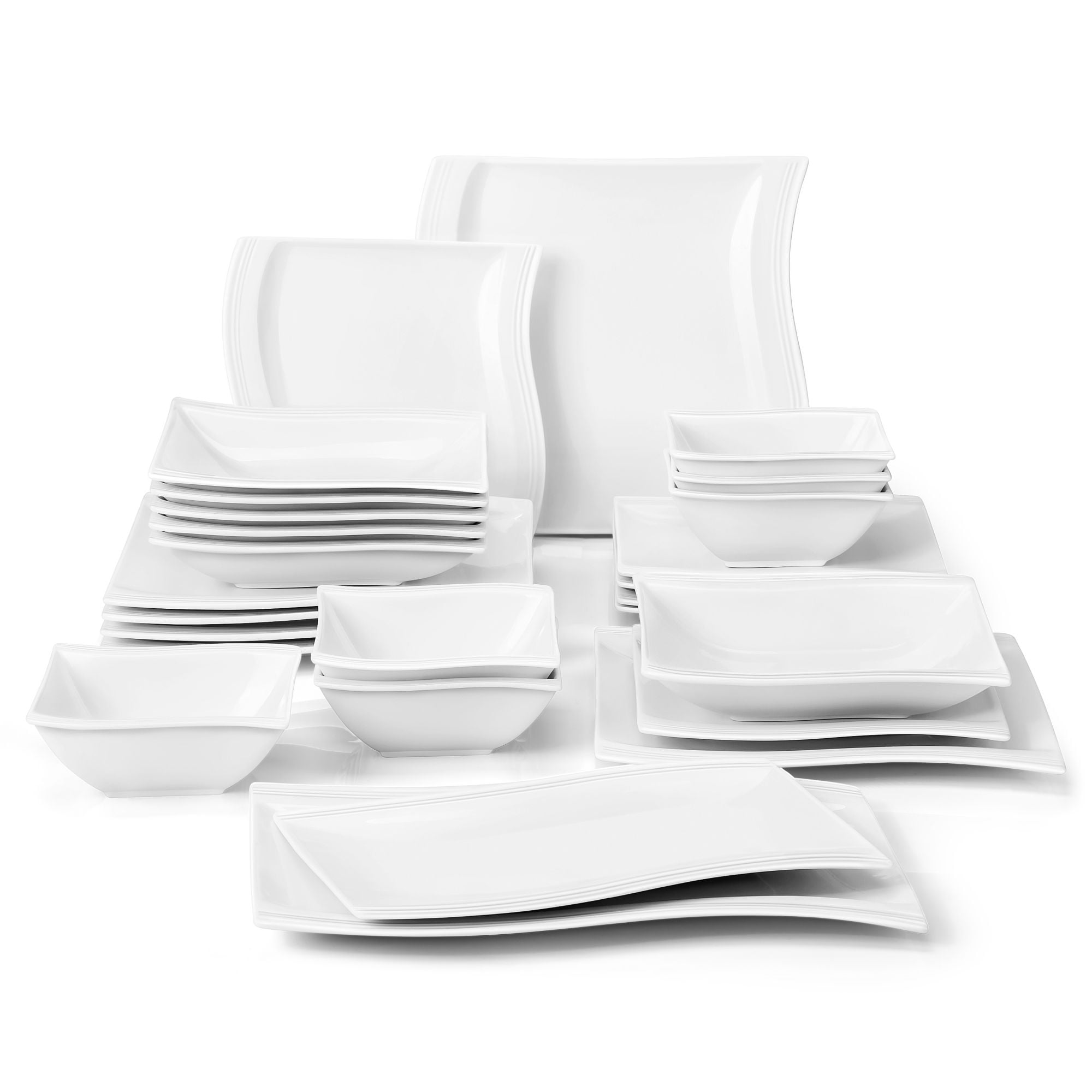 MALACASA Plates Set, Porcelain Dinnerware Sets for 6, 26-Piece Square Dish  Ivory White, Series Flora