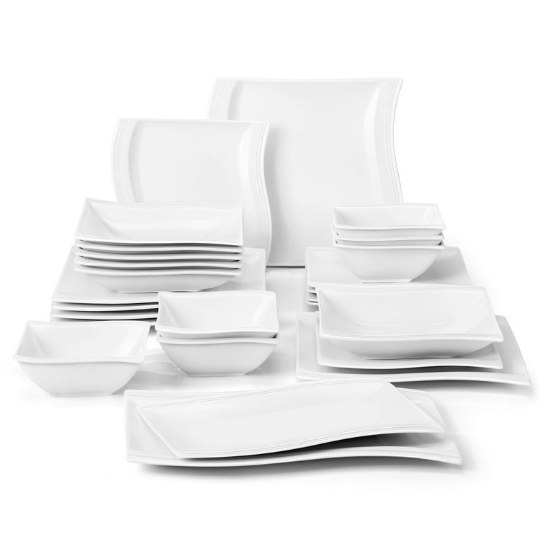 MALACASA Square Dinnerware Sets, 32-Piece Porcelain Plates and Bowls Sets  for 6, Marble Grey Dish Set with Dinner Plate Set, Dishes, Cup and Saucer