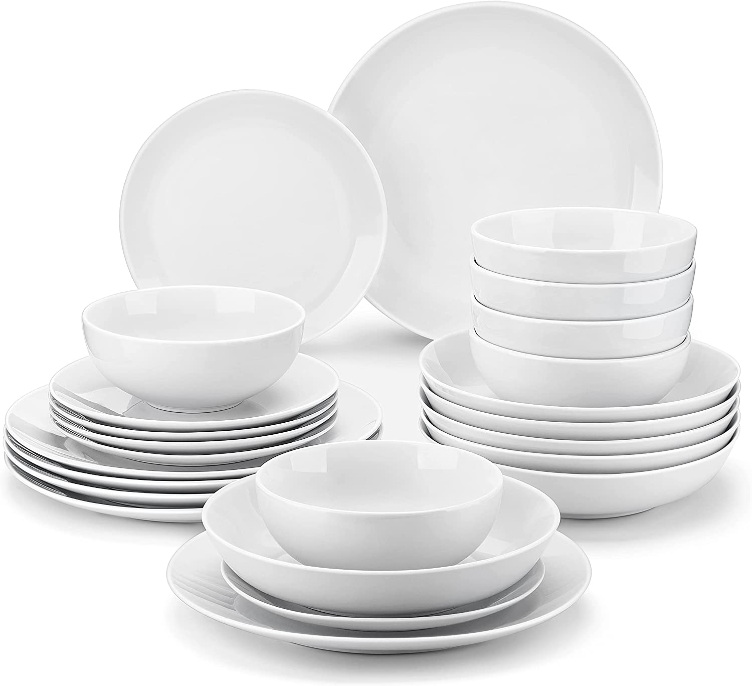 MALACASA Porcelain Dinnerware Sets, 24 Piece Round White Dishes