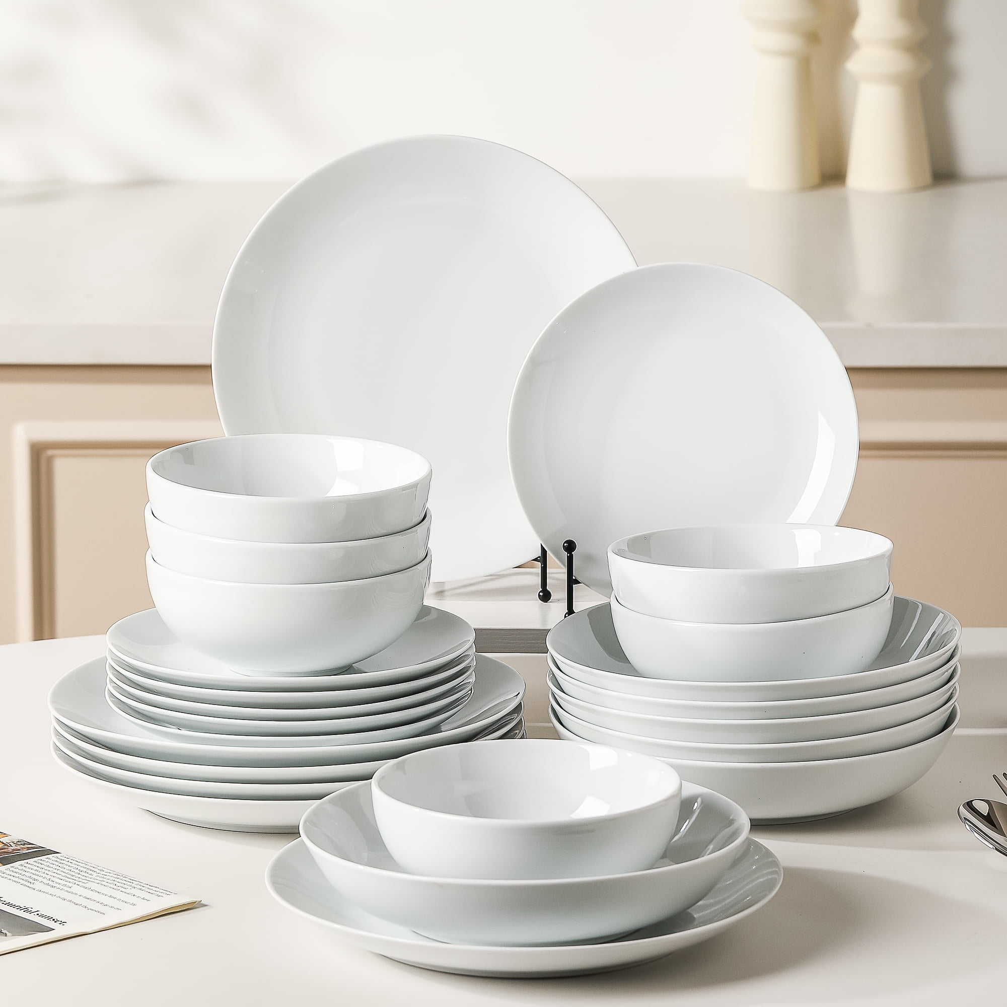 MALACASA 24 Piece Porcelain Dinnerware Sets, Round White Dishes