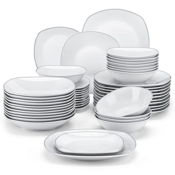MALACASA Porcelain Dinnerware Sets, 48 Piece Round White Dishes With Silver Line, Dish set Service for 12, Series ELISA
