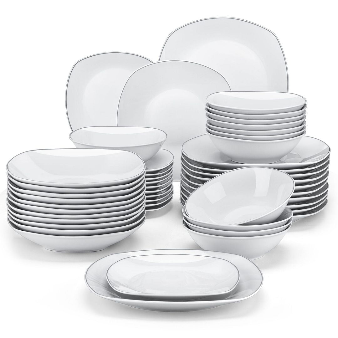 MALACASA, Series ELISA, 48-Piece Porcelain Dinnerware Set, White Dishes  With Black Line, Service for 12 