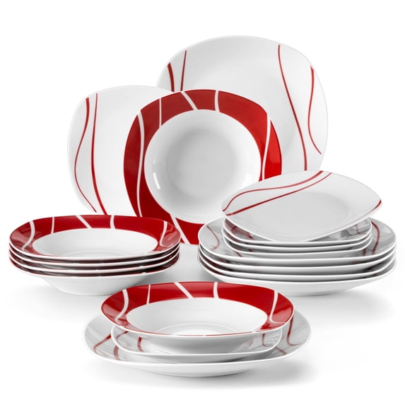 MALACASA, Series Felisa, 18-Piece Porcelain Dinnerware Set, Red Stripes Ivory White Dinner Set, Service for 6