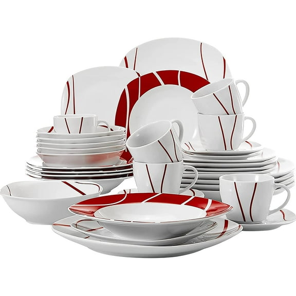 MALACASA, Series Felisa, 36-Piece Porcelain Dinnerware Set, Red Stripes Ivory White Dinner Set, Service for 12