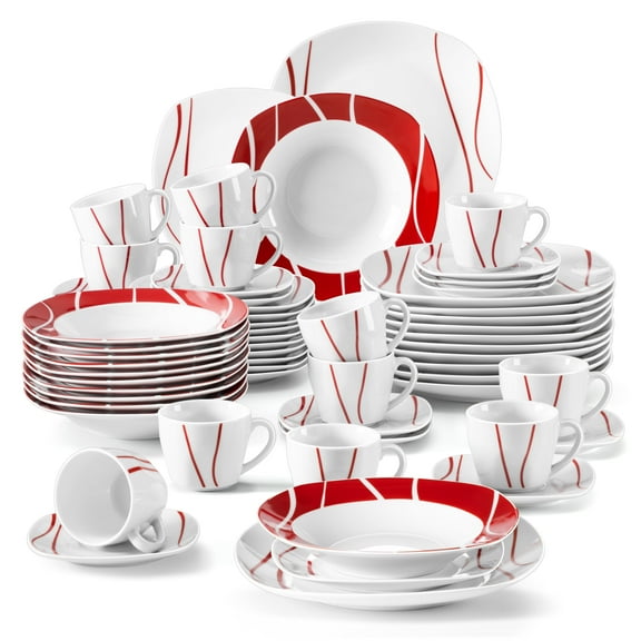 MALACASA, Series Felisa, 60-Piece Porcelain Dinnerware Set, Red Stripes Ivory White Dinner Set, Service for 12