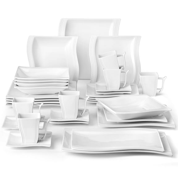 MALACASA, Series Flora, 32-Piece Porcelain Dinnerware Set, Ivory White Dinner Set, Service for 6
